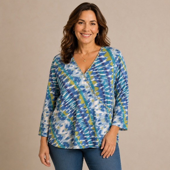 Ruby Rd Ruby Rd. | Tops | Ruby Rd Cotton Faux Wrap Top Women Large Blue Ikat ...